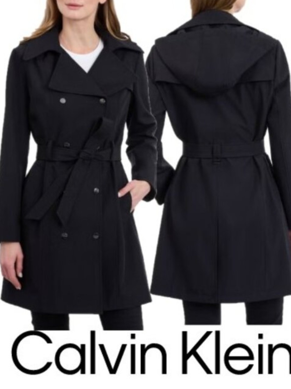 Calvin Klein Black Double-Breasted Trench Coat with Hood XL Nwt